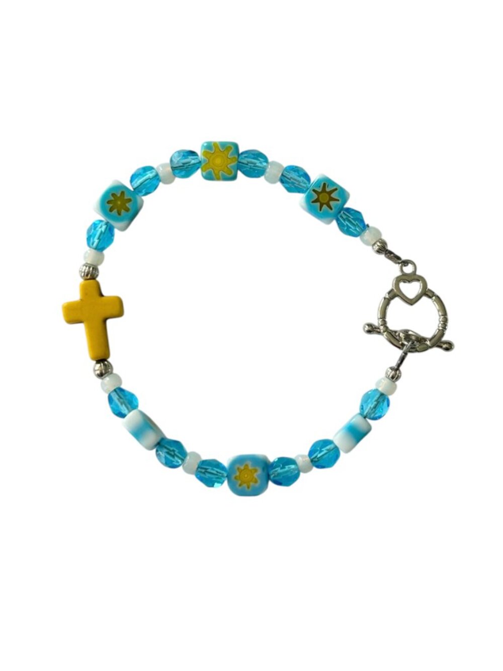 ARTISAN Cross bracelet Blue Yellow White Floral Glass beads Toggle clasp